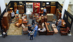 Dresser shown exhibited at the Pasadena Heritage Craftsman Weekend show & sale.
The lower right quadrant contains our replica furniture, the remainder being original Arts & Crafts period pieces.  